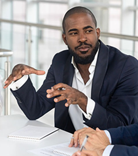 Corporate roles button of man in suite